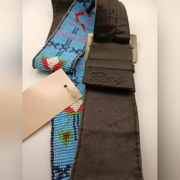 RAJ Beaded Belt - Animal & Flower Designs Sky Blue Multi Color NEW WITH TAGS - Picture 8 of 13